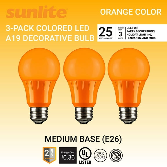 Sunlite LED A19 Orange Colored Light Bulb, 3W (25w Equivalent), E26 Base, Non-Dimmable, UL Listed, 3 Count