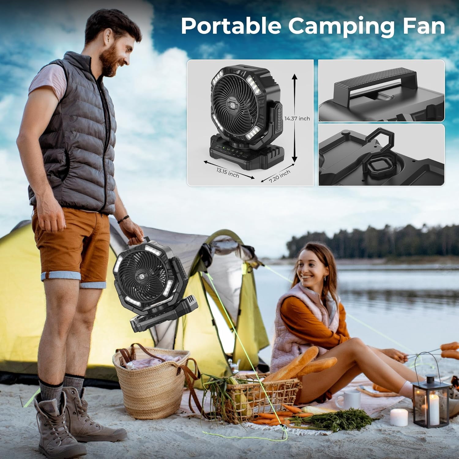 40000mAh Camping Fan with Light - 12in Rechargeable Battery Powered Fan (136H Cool Max), 90Auto Oscillating with Remote & Charger, 4 Speeds & Timers for Outdoor/Patio/Garage/Jobsite/Hurricane/Outage