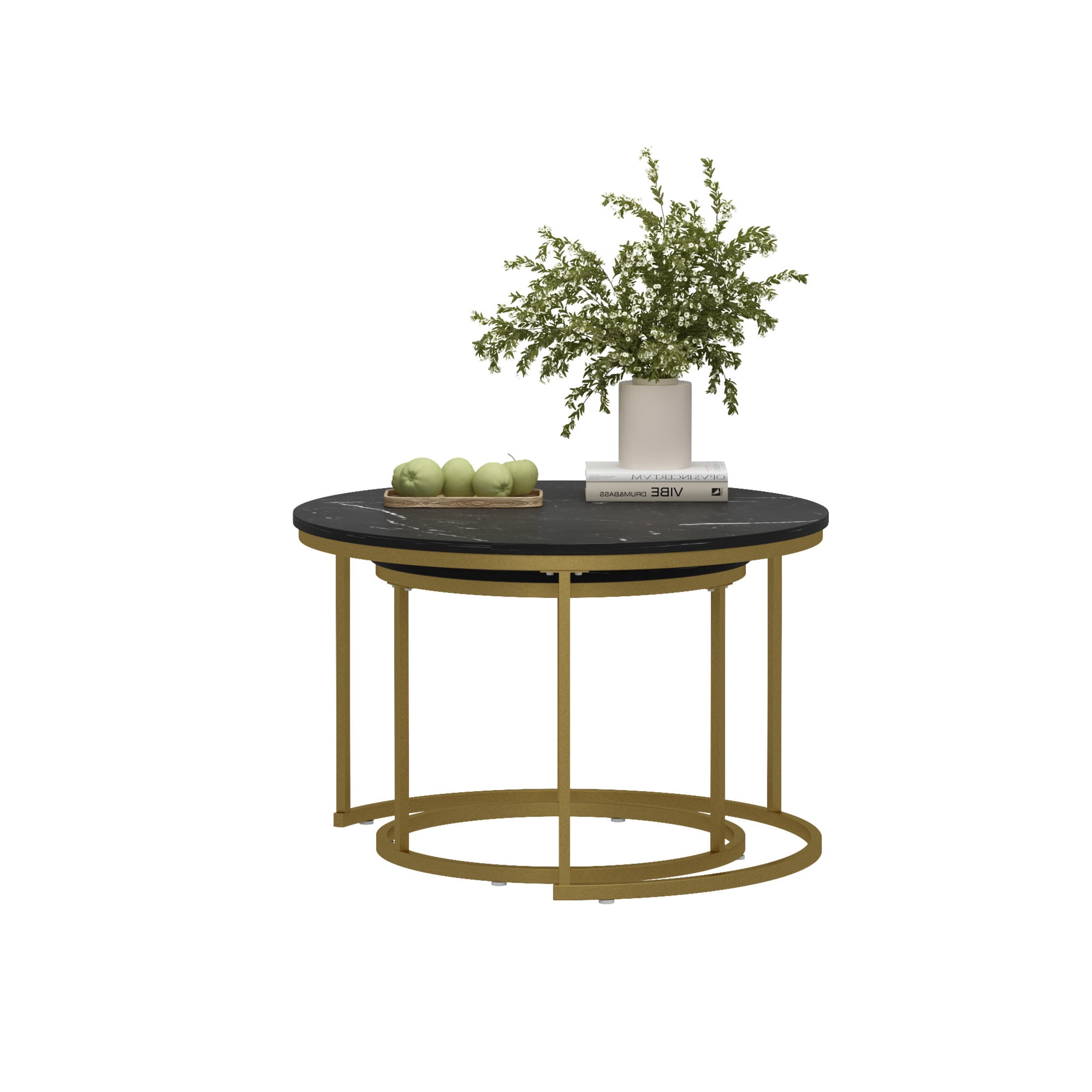 Noble House 27.6" Round Nesting Coffee Table with Marble Top, Wooden Side End Tables for Living Room, Black, Set of 2
