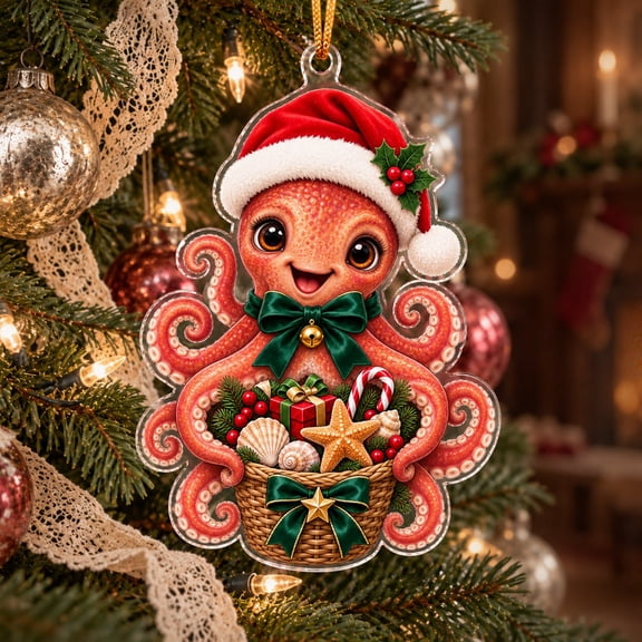 Christmas Acrylic Ornament, Santa Hat Octopus Tree Hanging Gift for Ocean Lovers