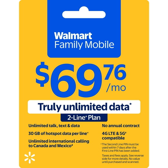 Walmart Family Mobile Unlimited 2-line Plan w 30GB of Mobile Hotspot per line e-PIN Top Up (Email Delivery)