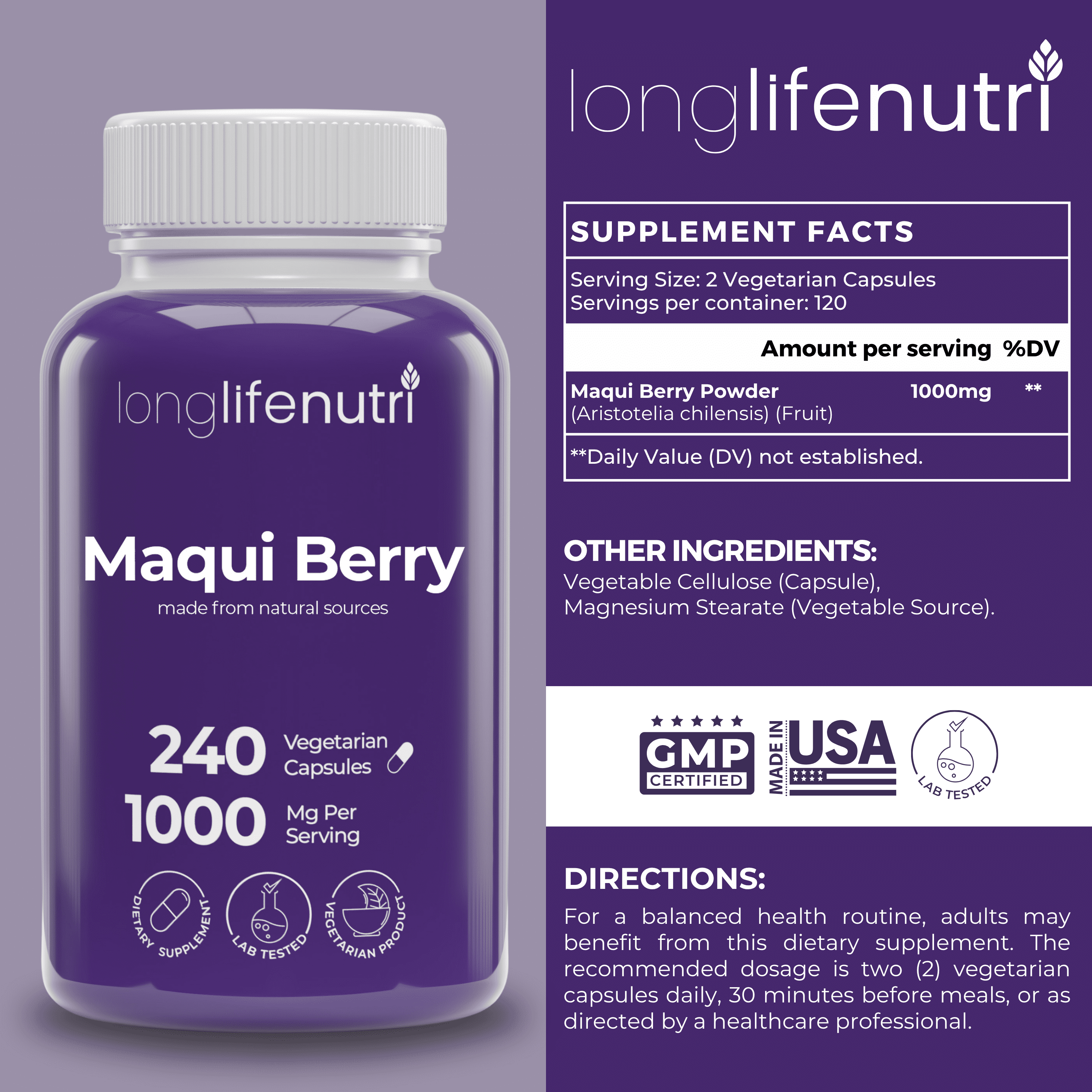 Maqui Berry 1000mg - 240 Vegetarian Capsules, High ORAC Superfood