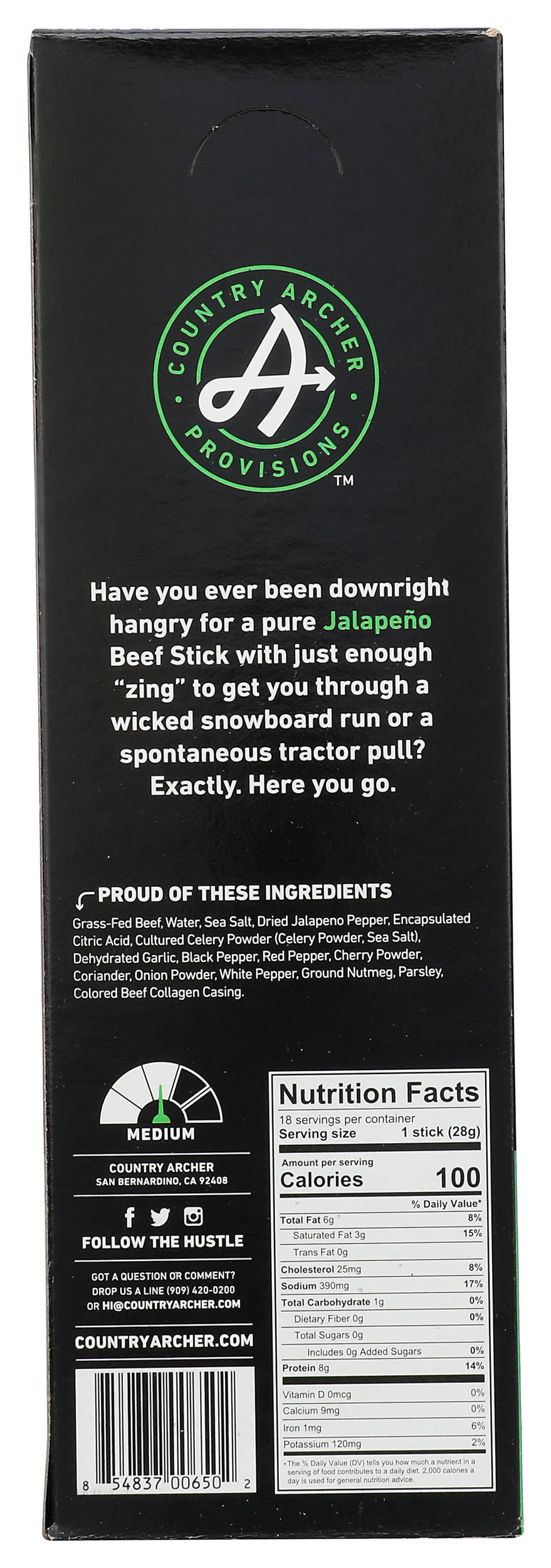 Pack of 18, Country Archer Jalapeño Grass-Fed Beef Stick, 1 oz