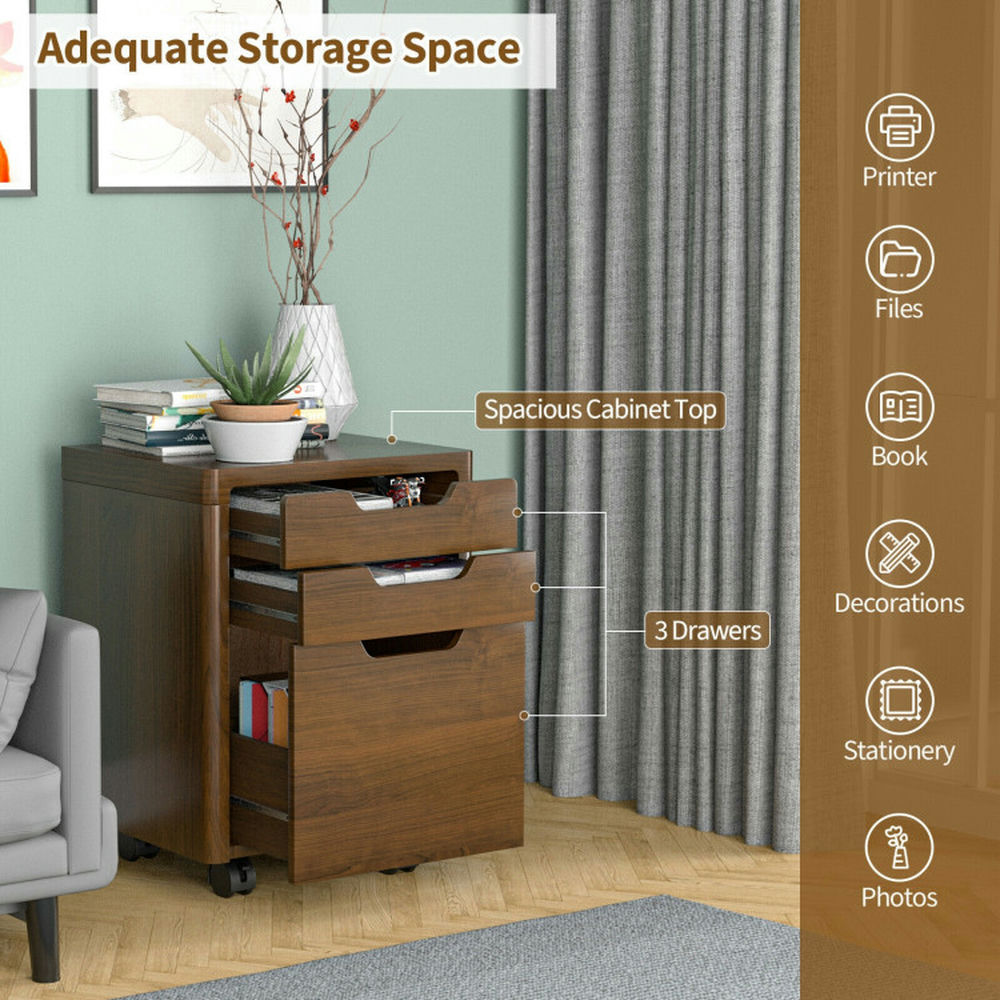 Demi Bonn 3 Drawer Mobile File Cabinet with Lockable Casters, Brown