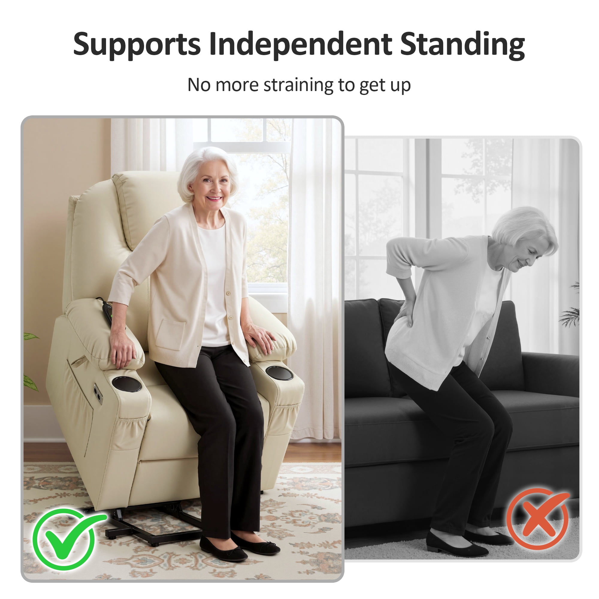 MCombo Electric Power Lift Recliner Chair Sofa with Massage and Heat for Elderly, 3 Positions, 2 Side Pockets, and Cup Holders, USB Ports, Faux Leather 7141 Cream White, Small