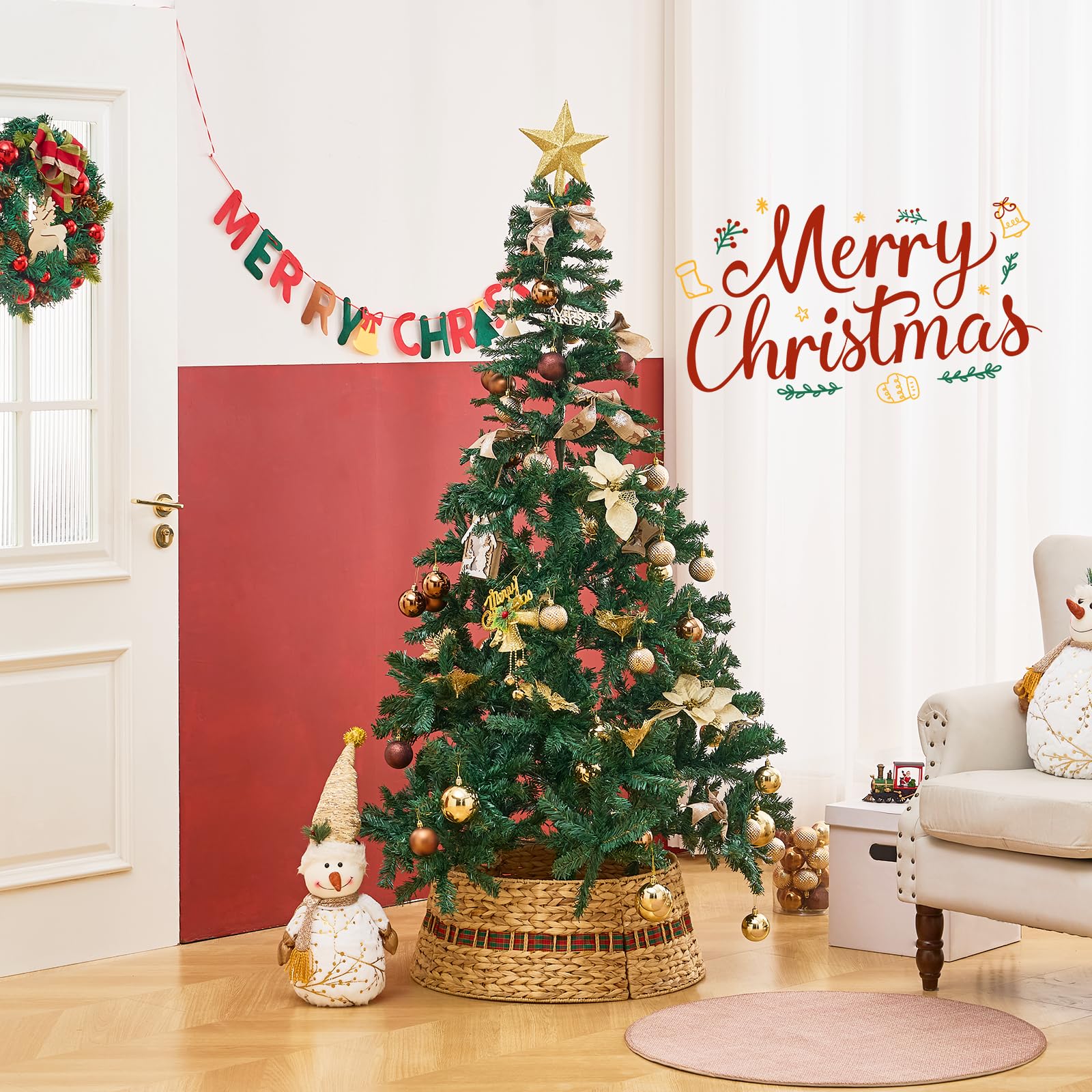 Hand-Woven Natural Water Hyacinth Christmas Tree Collar - Cord Cutout Design, Rustic Eco-Friendly Holiday Decoration for Home