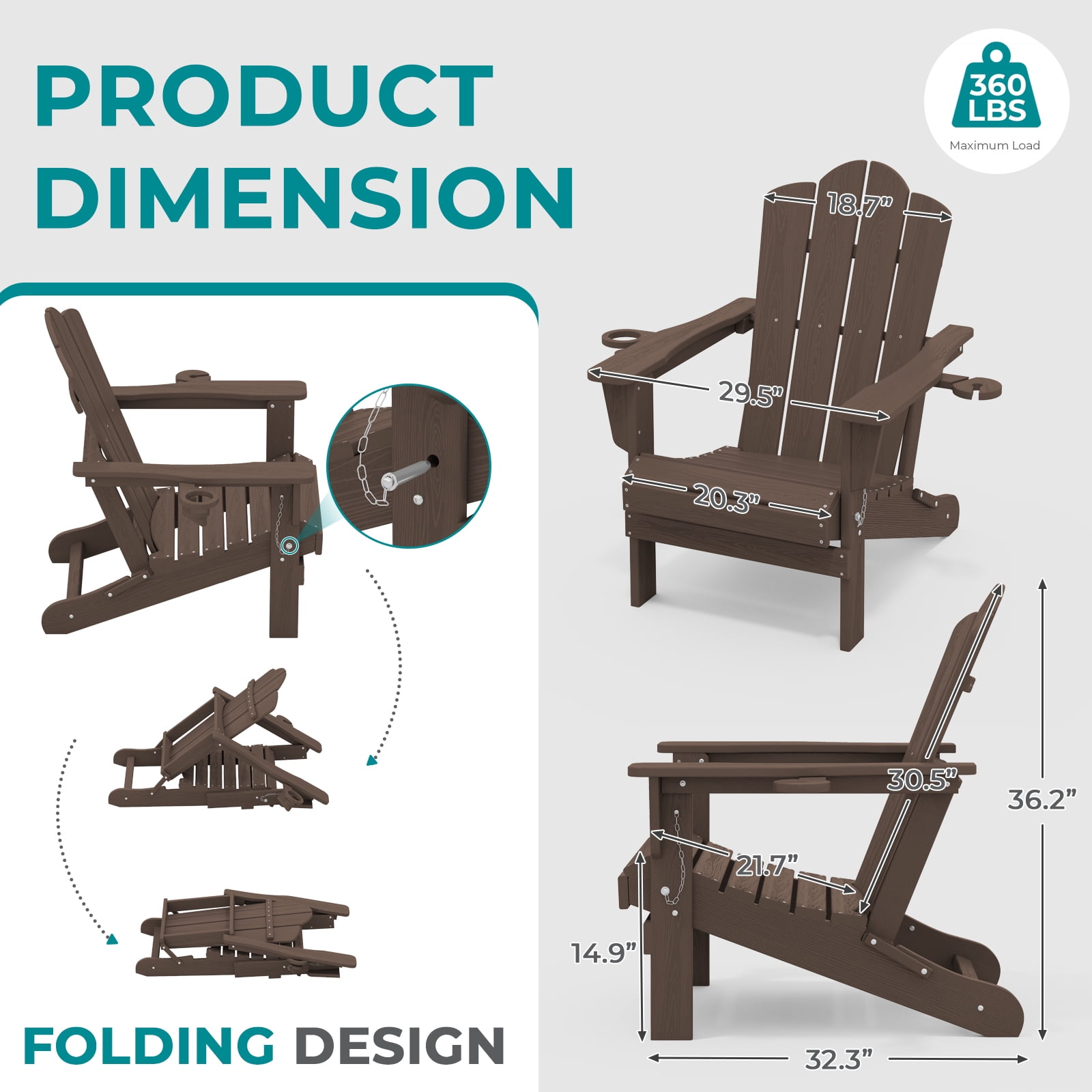 RIAFUN Outdoor Patio chair, Folding HDPE Resin Adirondack Chair with Double Cup Holder, Coffee Brown