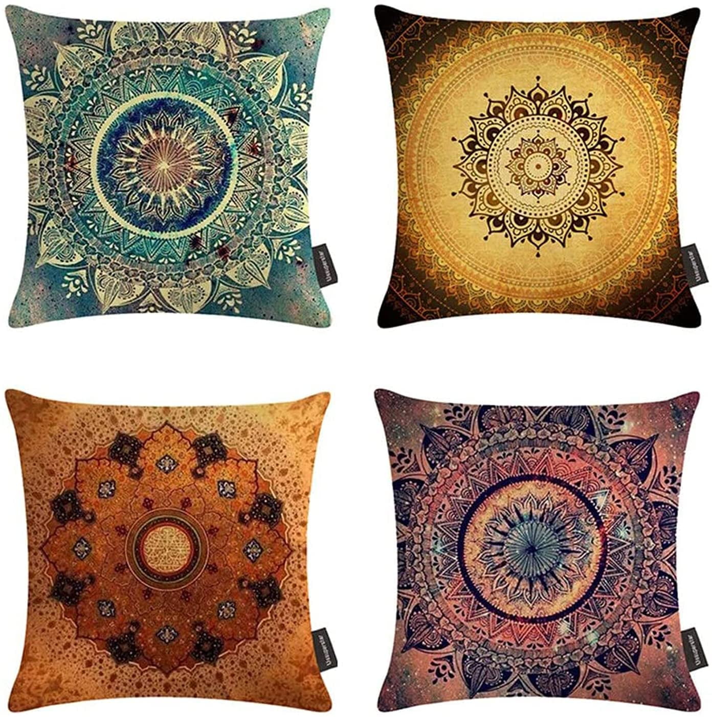 Blue Mandala 4Pack Bohemian Decorative Throw Pillow Covers Water Color Mandala Pattern Pillowcases Square Home Decorative Floral Cushion Covers 18 x 18 Inch for Sofa Bedroom Car Outdoor Cushions 