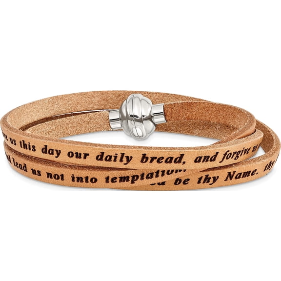 Stainless Steel Lord's Prayer Tan Leather Wrap 23.5 Inch Bracelet (23.5 X 5) Made In Italy bf3231-lg