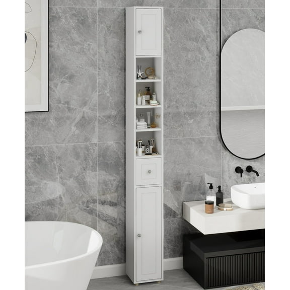 Ktaxon 71'' Slim Bathroom Storage Cabinet Freestanding with 1 Drawer, 2 Doors and 4 Adjustable Shelves, White