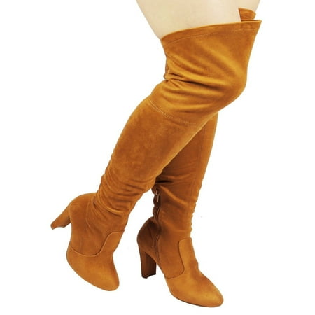 

AMAYA-93B Wild Diva Women Stretchy Suede Chunky Heel Thigh High Over The Knee Boots Stretchy