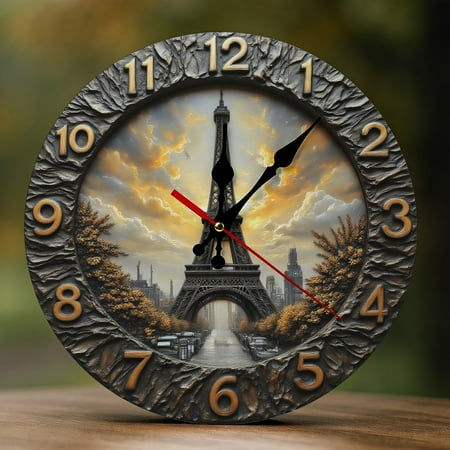 Wall Clock Decorative - Elegant Eiffel Tower A Print 2D Vintage Wall Clocks Battery Operated Silent Non-Ticking for Bedroom, Living Room, Kitchen, Office, Classroom, 10 Inch