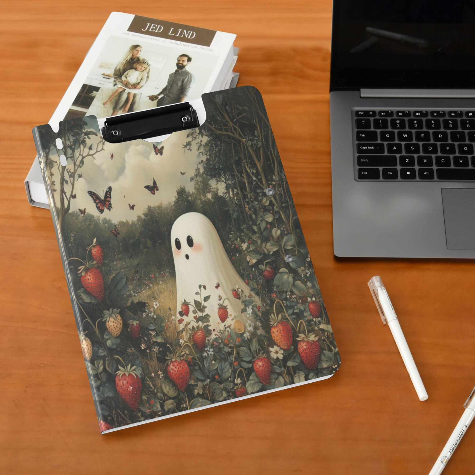 FORMRS A4 Clipboard Folder with Pen Holder Horizontal Foldable School Office Binder, Ghost in Strawberry Fields