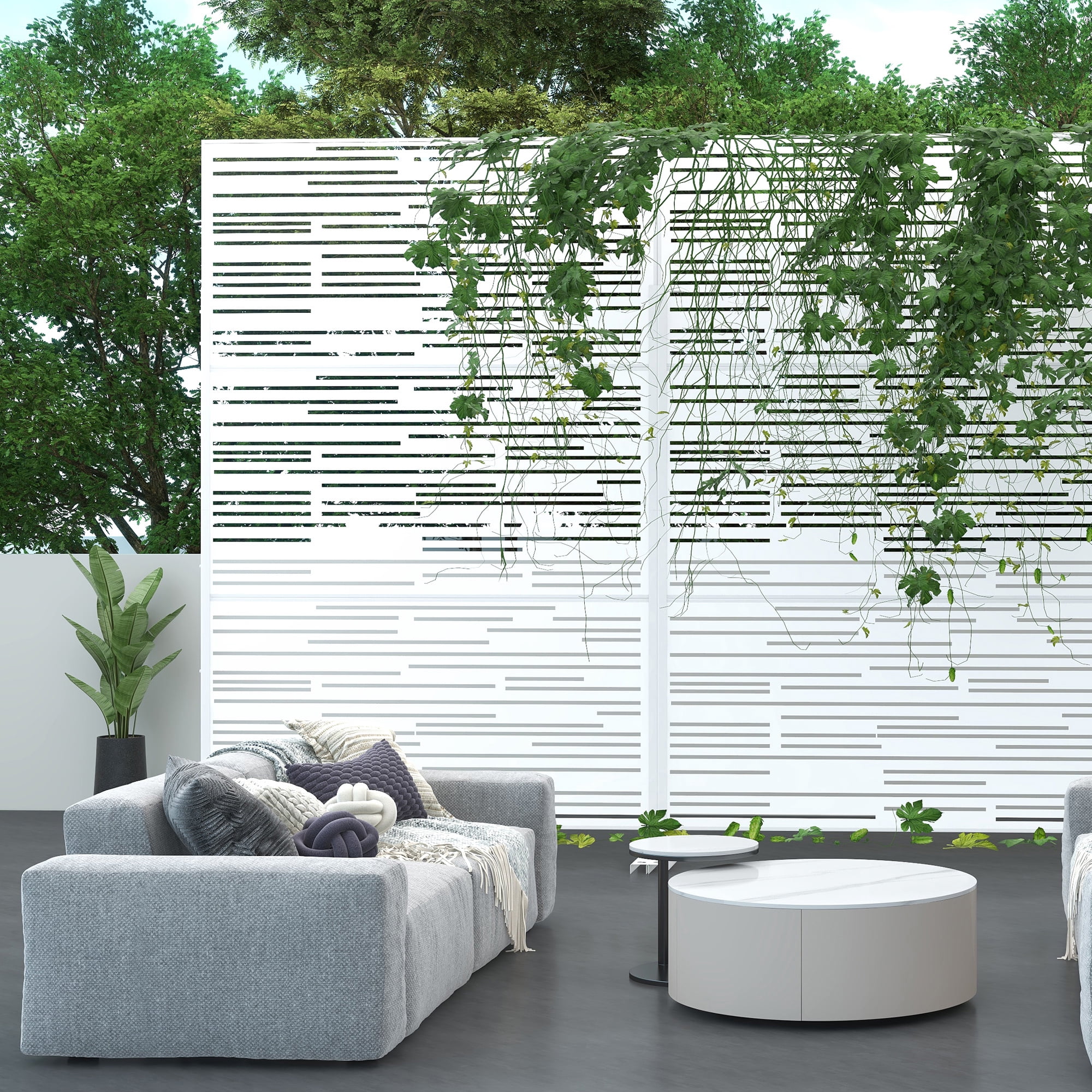 MAYEERTY 72×47" Outdoor White Metal Privacy Panel Screen for Backyard & Garden, Shadow Play Pattern