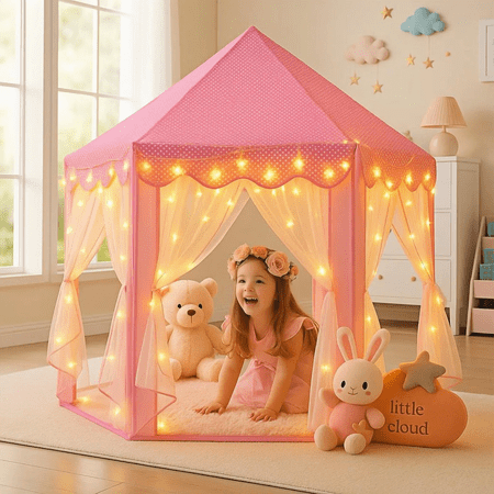 WILWOLFER PRINCESS PLAY TENT FOR GIRLS WITH RUG & STAR LIGHTS – PINK INDOOR CASTLE PLAYHOUSE FOR KIDS, PRETEND PLAY TOY FOR INDOOR & OUTDOOR USE