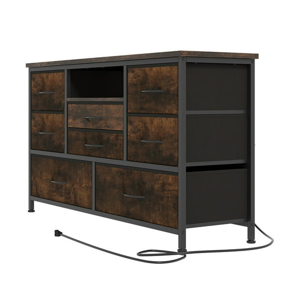 Commode 3-en-1 avec Lumières DEL et Prises de Courant : Organisateur de Rangement en Tissu à 8 Tiroirs avec Cadre Métallique Robuste et Dessus de Table en Bois pour Chambre, Salon, Entrée