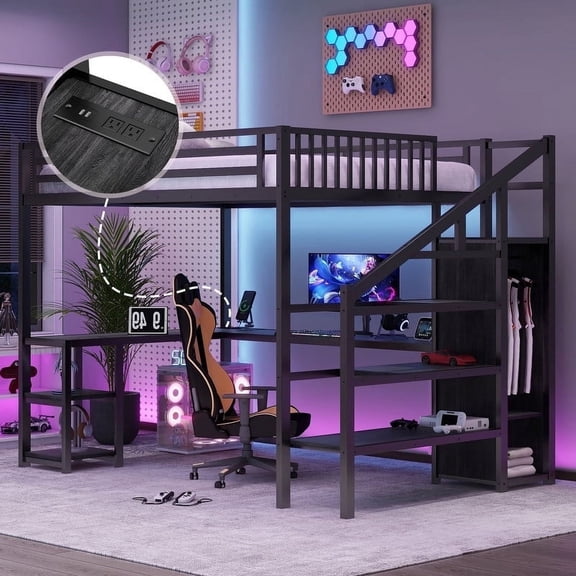 Mirightone Queen Size Loft Bedwith Desk, High Lofted Bed with Charging Station and Wardrobe, Heavy-Duty Metal Loft Beds with Stairs & LED Lights Gaming Loft Tall Bed for Boys Girls and Teens