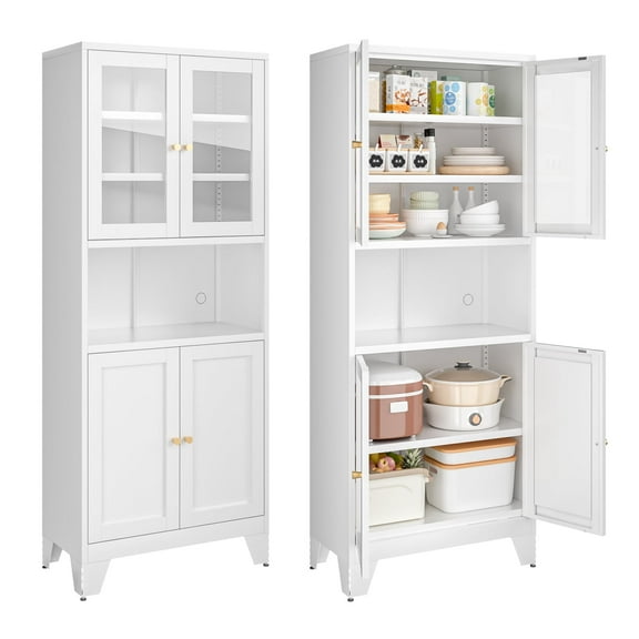 69" Metal Tall Kitchen Pantry Storage Cabinet with Glass Doors,  3 Adjustable Shelves, Freestanding