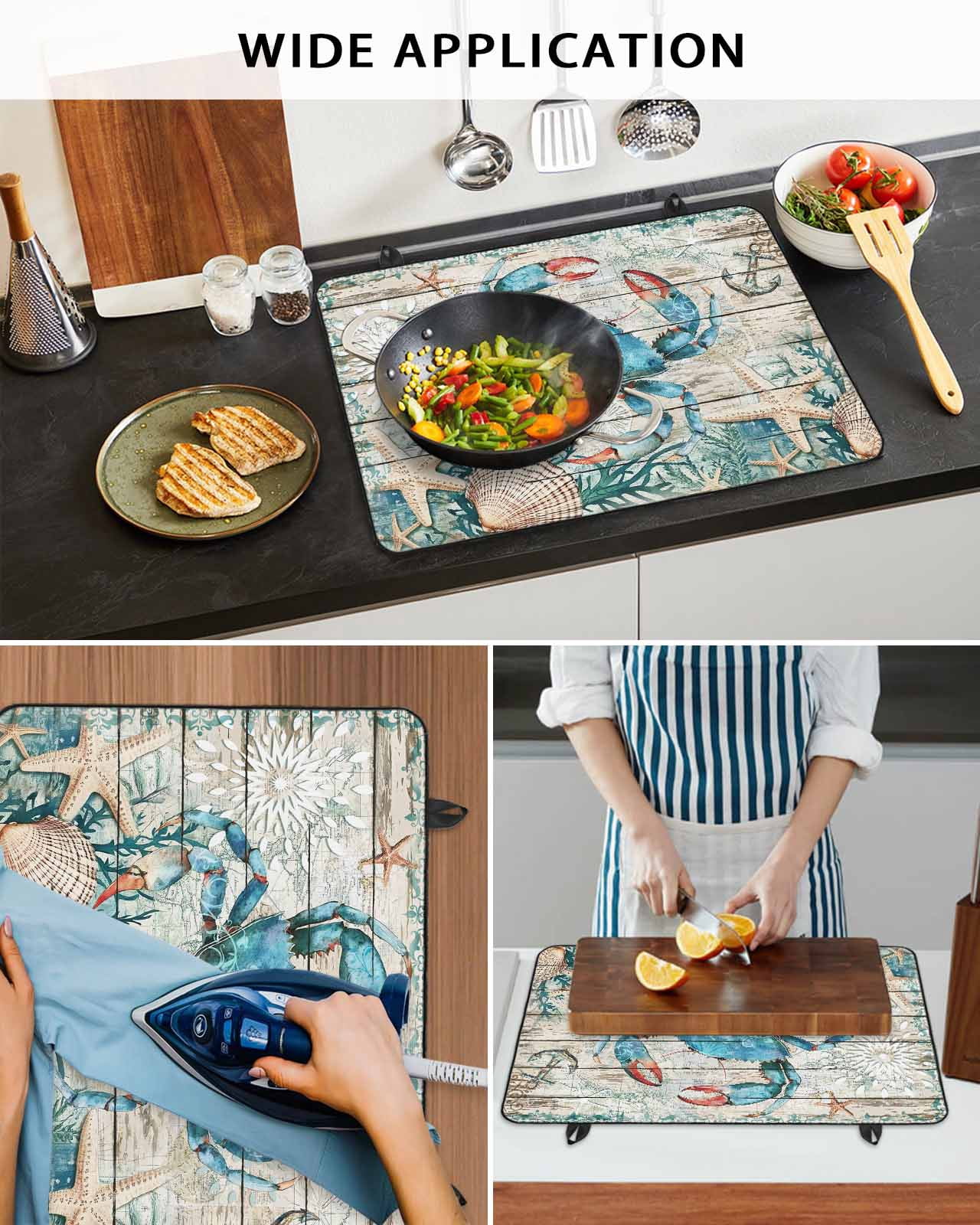 nqOlkjepod Large Induction Cooktop Protector Mat 24"x21", Teal Crab Coastal Stove Top Covers for Electric Stove, Summer Beach Nautical Starfish Retro Stove Burner Cover Mats, Glass Top Stove Cover