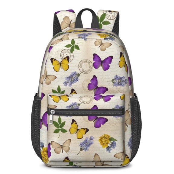 Butterfly and Lavender Yellow Pattern 17" School Backpacks for Teens,Waterproof Oxford Fabric,S-Shape Padded Straps for School,Travel,Hiking,Camping
