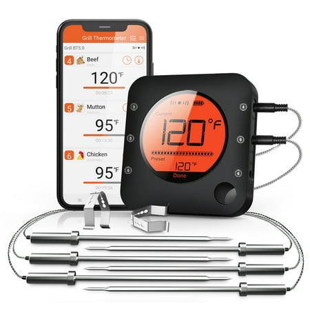 

Bfour Smart Bluetooth Meat Thermometer with 6-Probes Wireless Meat Probe Thermometer for Grilling Smoker Cooking Kitchen Grill Oven LCD Display