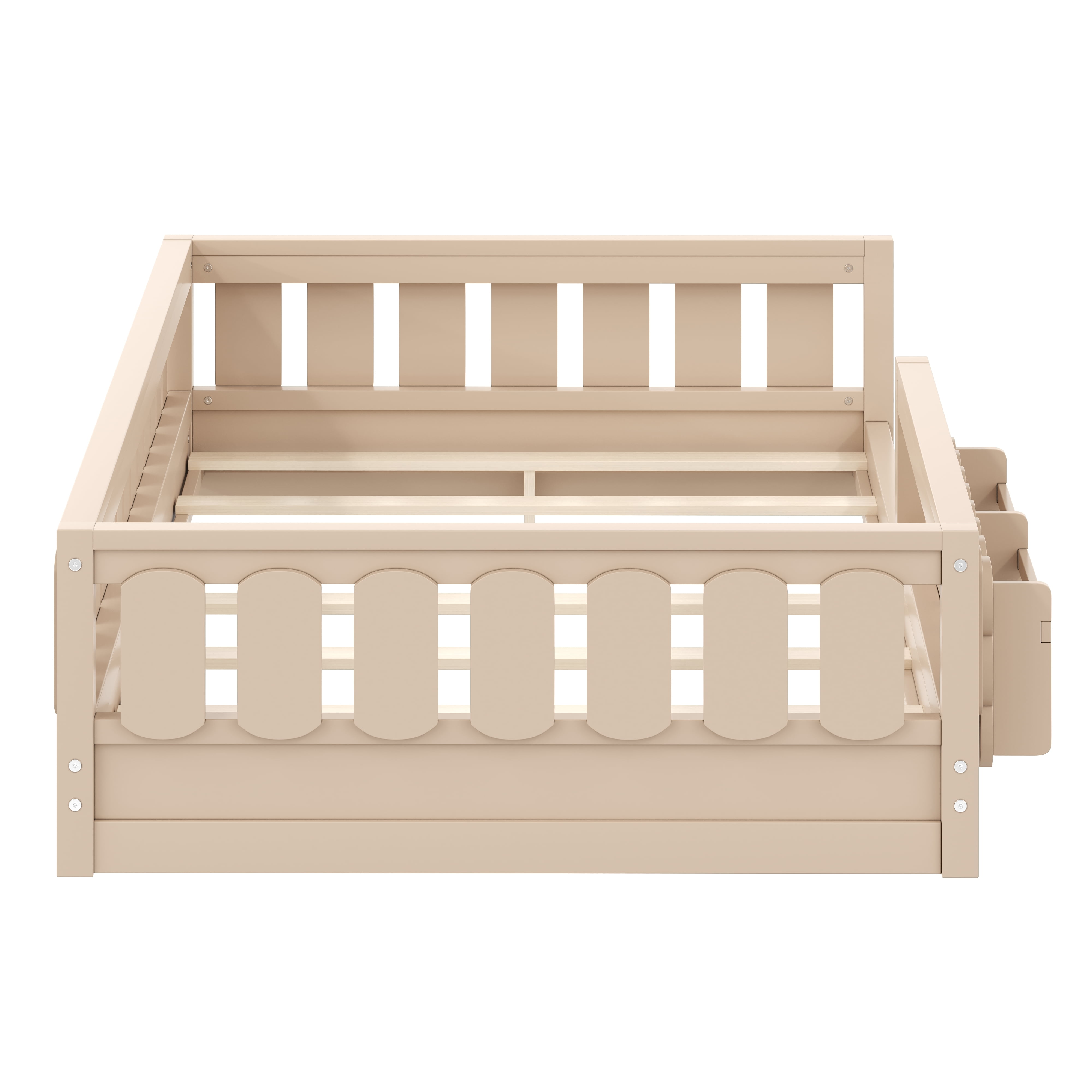 Euroco Wood Twin Size Platform Bed with Shelves, Floor Bed with Guardrails, Natural