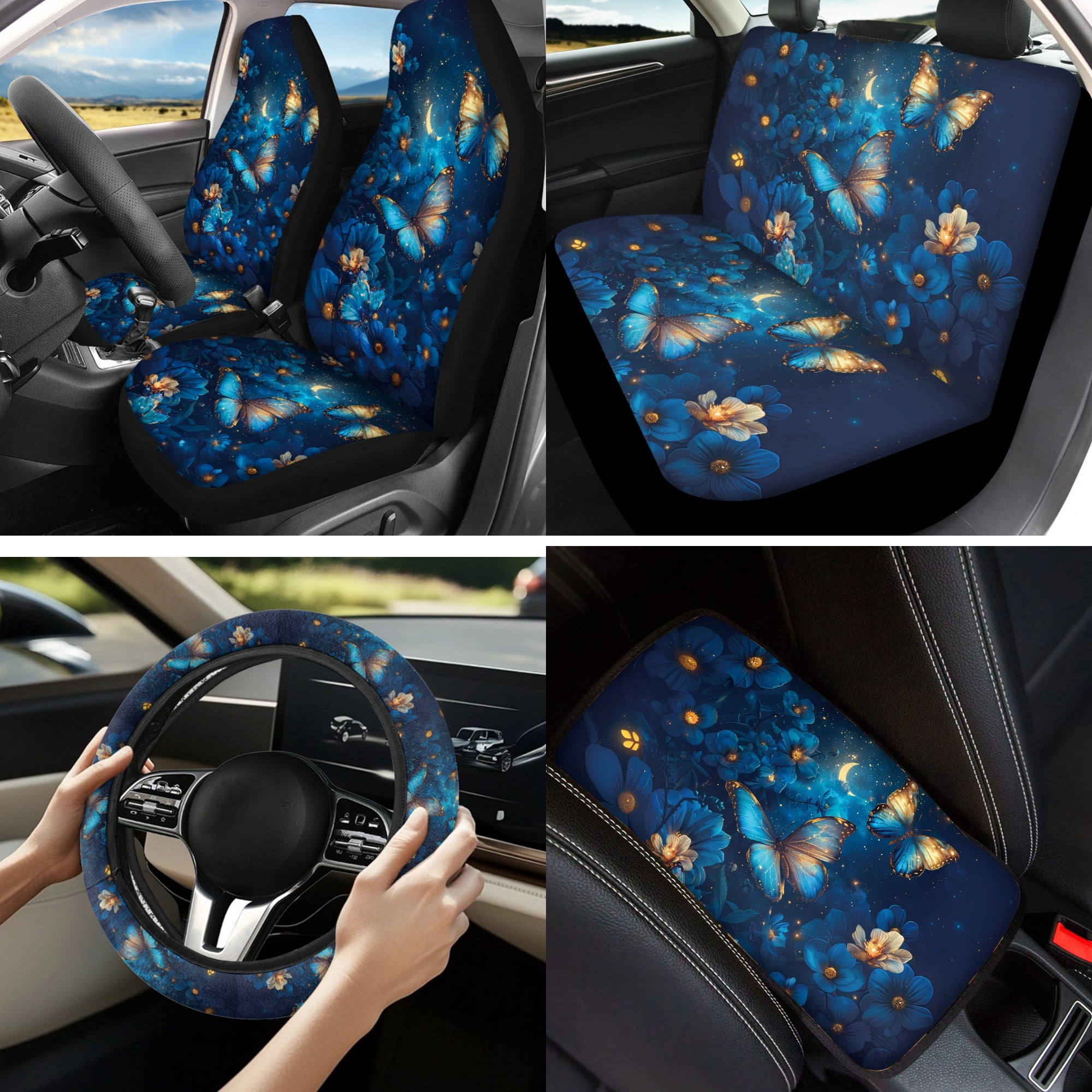 Jeiento Butterfly Car Seat Covers Full Set with Steering Wheel Cover Safe Belt Pads Coasters Center Console Cover Keychain Chapstick Holder Blue 13 PCS Auto Interior Sets Accessory