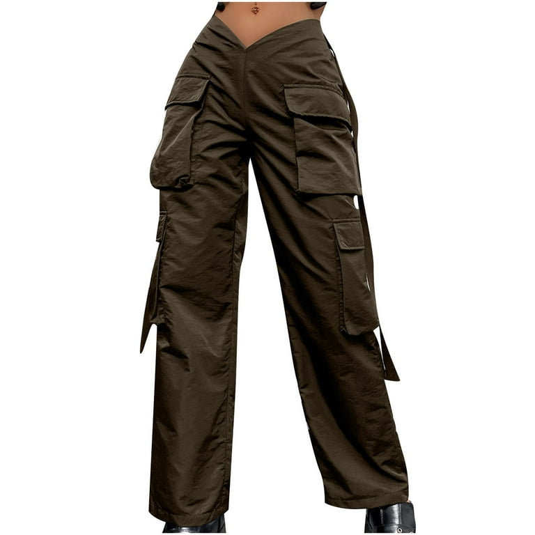 RYRJJ Women Y2K E-Girl Streetwear Low Waisted Cargo Pants Straight Wide Leg  Parachute Pants Casual Baggy Harajuku Hippie Trousers(Brown,M) 