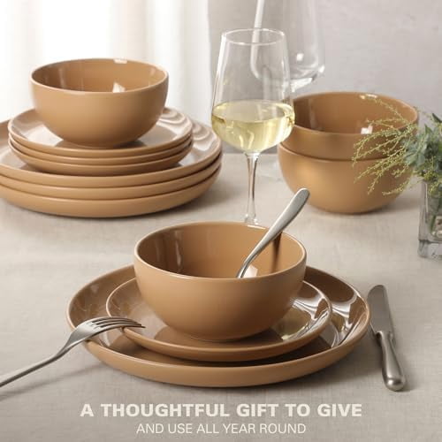 Rockaway 12-Piece Round Stoneware Dinnerware Set, Service for 4 – Beige Plates and Bowls, Modern Matte Finish, Microwave & Dishwasher Safe