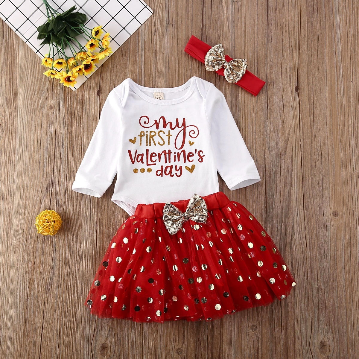 Newborn Infant Baby Girl My First Valentine/’s Day Romper Tutu Skirt Headband Leg Warmers 5Pcs Outfits Set