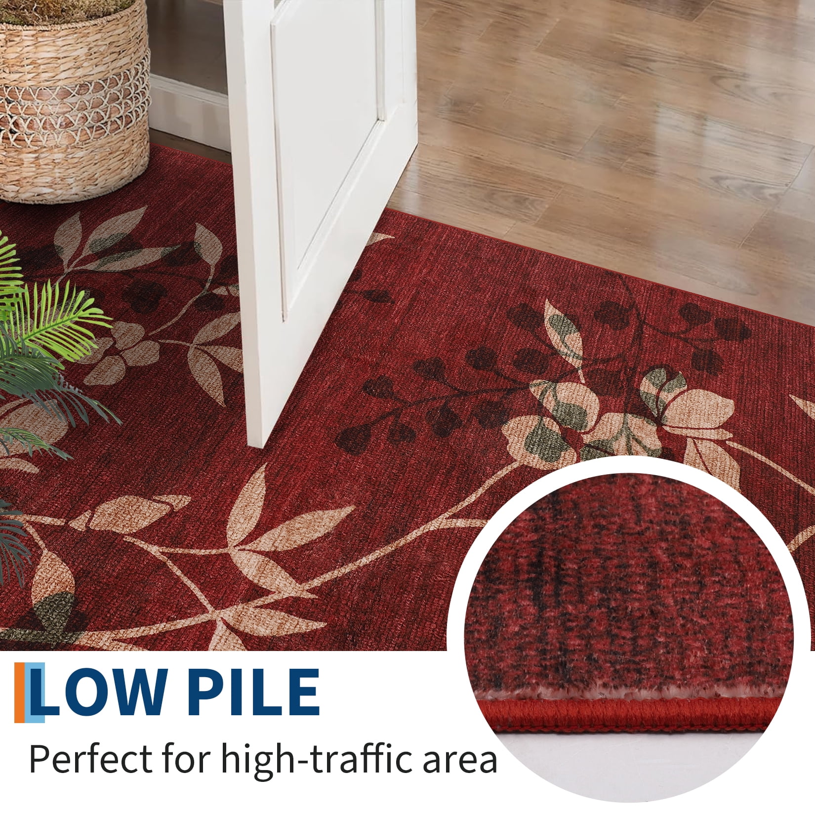 Garvee 9'x12' Modern Area Rug Washable Floral Accent Carpet with Non-Slip Backing, Stain-Resistant Soft Rugs Low Pile Floor Mats, Botanical Print Rug for Living Room, Bedroom, Dining Room, Red