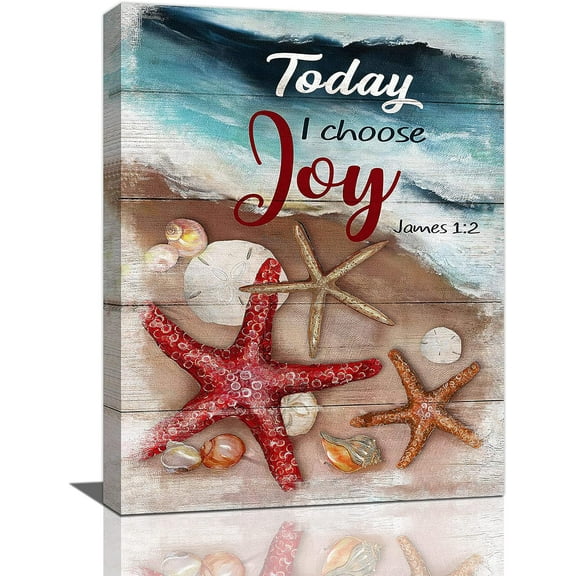 Beach Seashell Starfish Conch Wall Art Rustic Coastal Wall Decor Today I Choose Joy Quotes Pictures Canvas Prints Motivational Framed Modern Artwork for Home Living Room Bedroom Bathroom 12"x16"