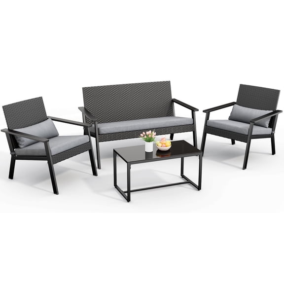 Noelse Patio Furniture Set,4 Piece Outdoor Wicker Patio Conversation Set with Wide Seating and Coffee Table for Balcony, Backyard, and Porch,Gray