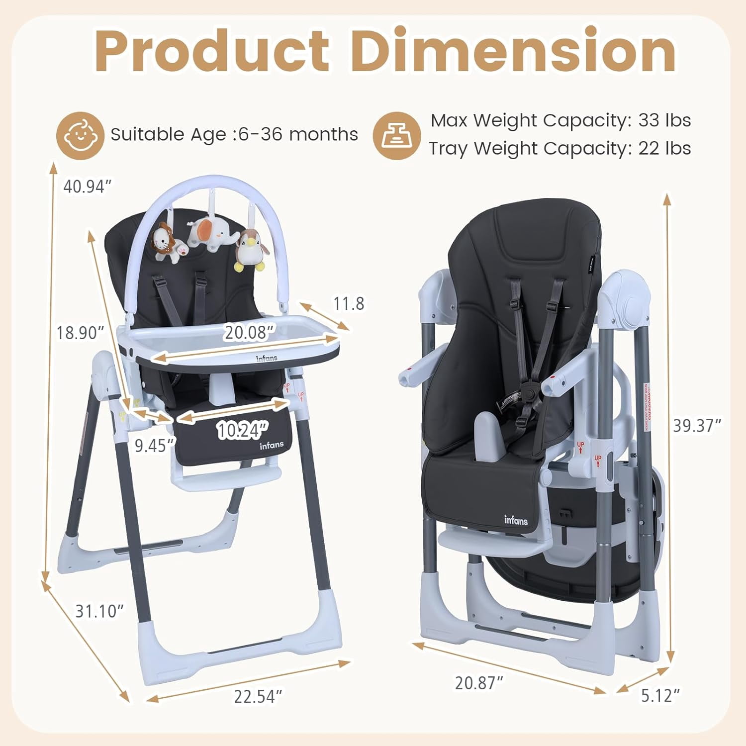 INFANS High Chair for Babies and Toddlers, Foldable Highchair with 7 Different Heights 4 Reclining Backrest Seat 3 Setting Footrest, Removable Tray Built-in Rear Wheels with Locks