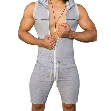 

Springcmy Men´s Jumpsuit Sleeveless Tight Fitness Bodysuit Hooded Rompers