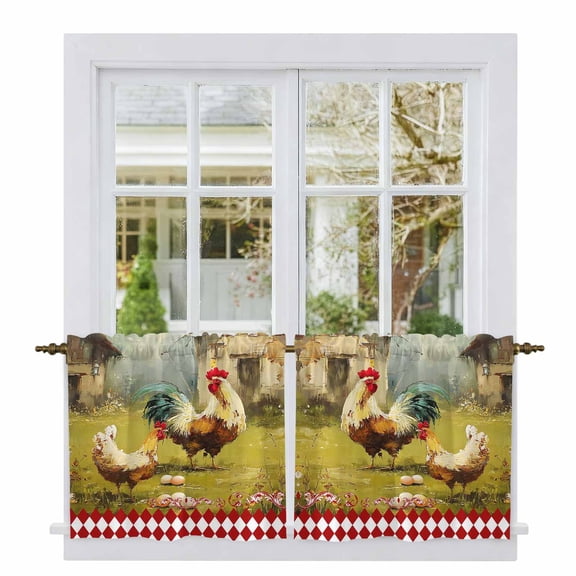 Farmhouse Rooster Tier Curtains, Vintage Rustic Plants Oil Painting Light Filtering Kitchen Curtains, 2Pcs Rod Pocket Half Window Treatments Panels for Sink Cafe Cabinet Camper 27.5x24 Inches