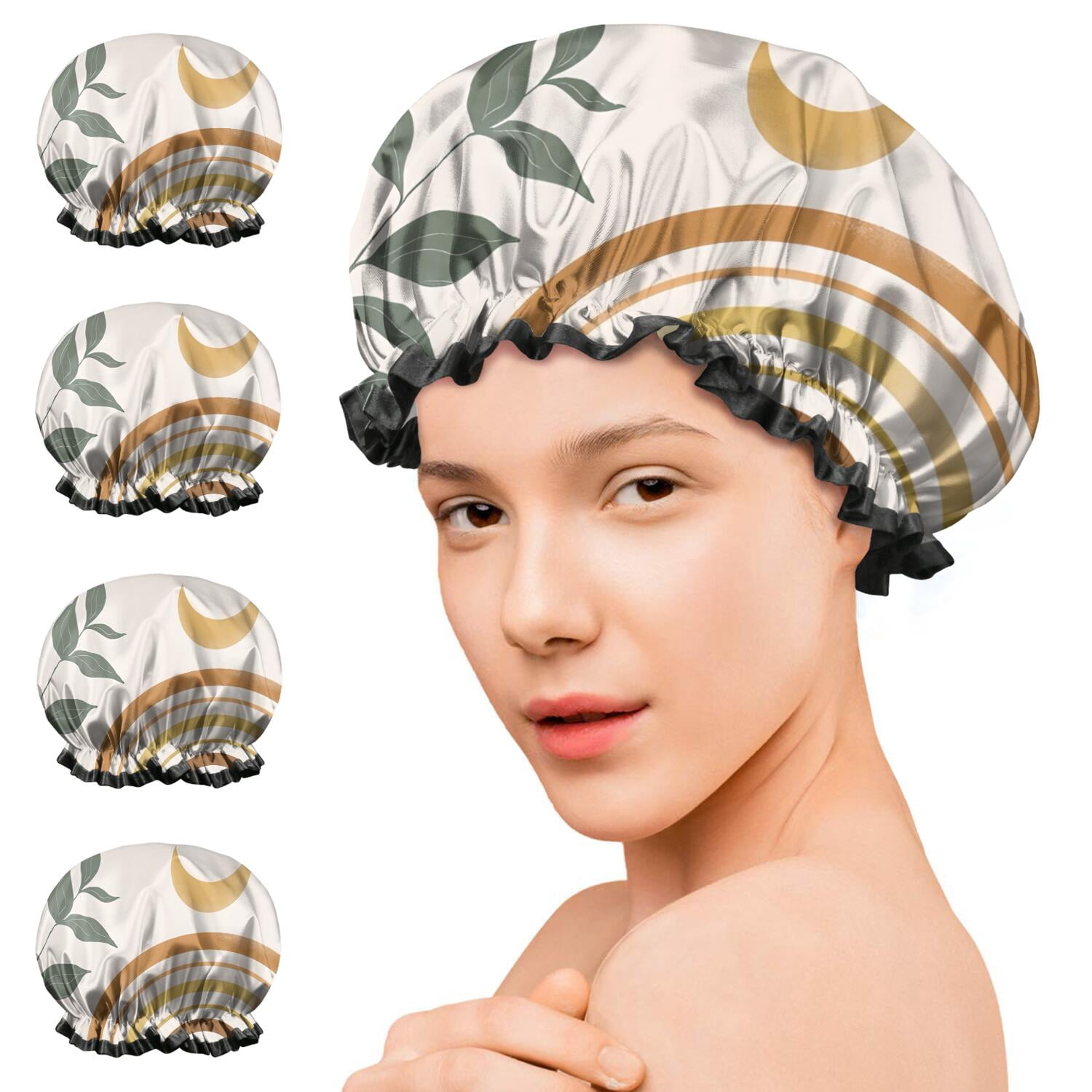 Shower Caps,Brown Boho Sun, Moon and Plant Pattern Waterproof Shower Cap for Women 4 Pieces,Double Reusable Hair Cover for Shower PEVA Elastic Stretch Hem