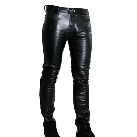 American Men Fashionable Solid Color Zipper Pocket Casual Pants Leather Pants