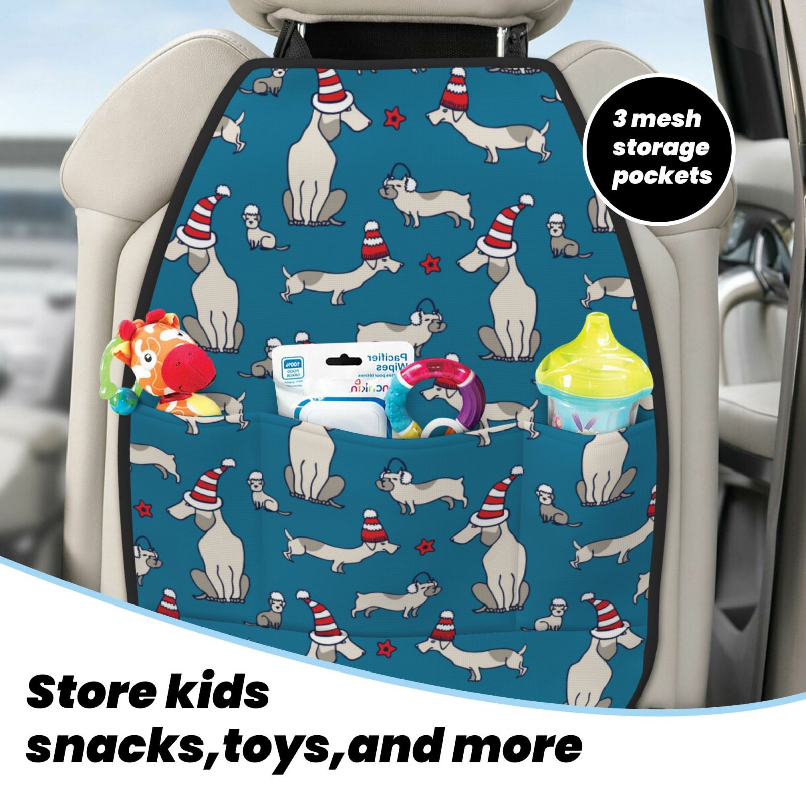 Kdxio Festive Dachshund Fun Print 2 Pack Car Kick Mat Seat Cover Back Protector Mat with Pockets for Organizer Backseat Protector and Storage Anti Kick Pad for Vehicles