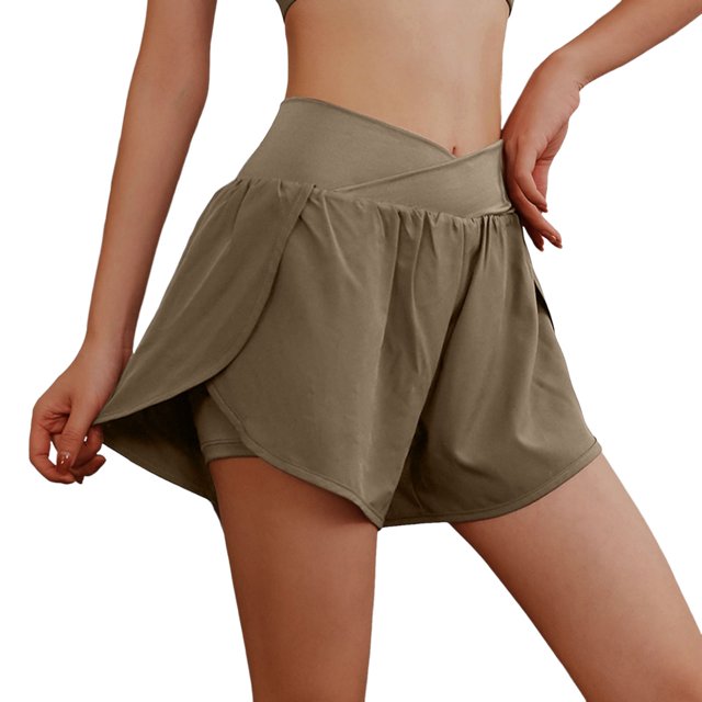 Pantalones cortos deportivos de entrenamiento para mujer - Cintura alta, doble capa con braguita interior, abertura lateral, bolsillos con cremallera, nailon y spandex, tallas S-XXL