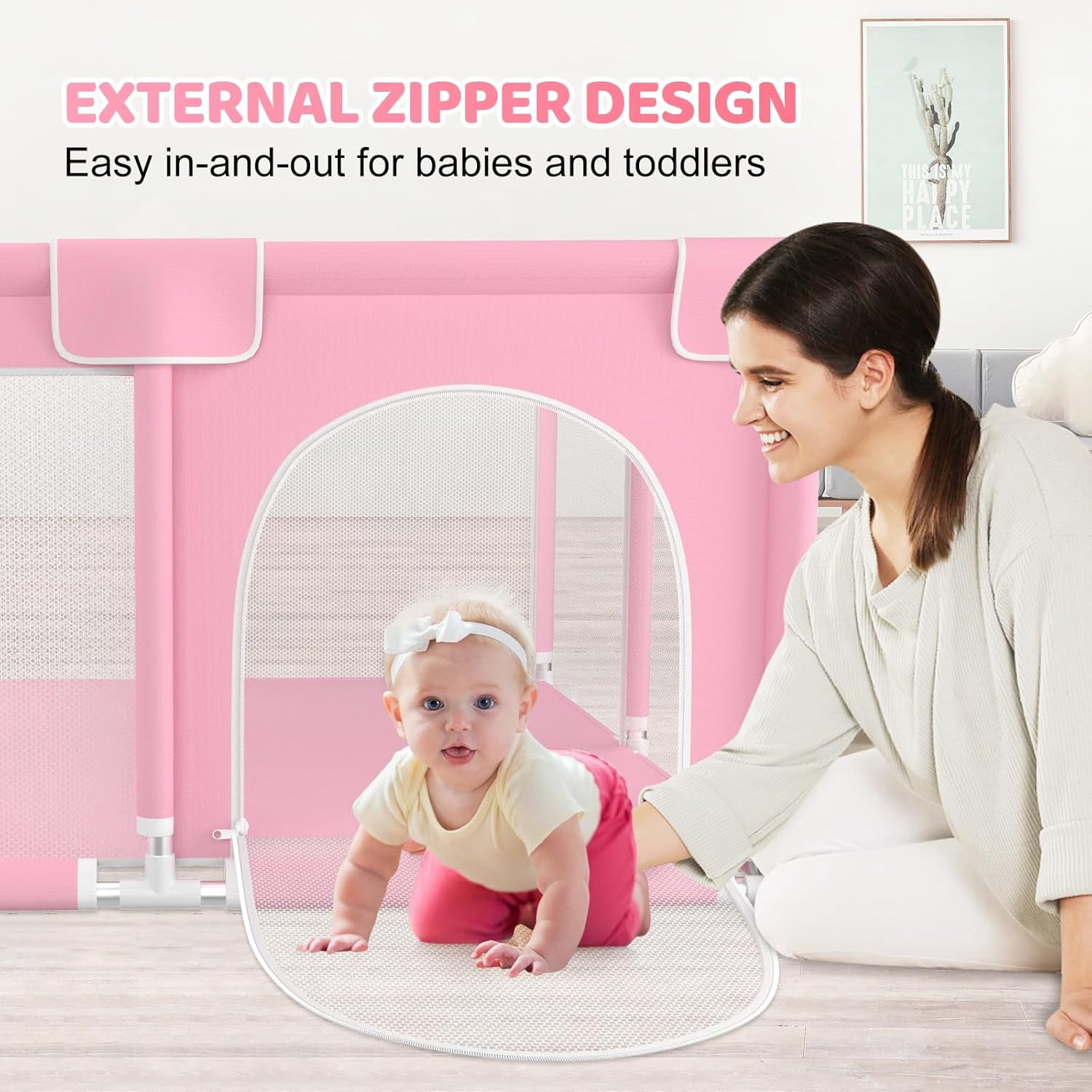 kmaier Baby Play Yards, 360° Visibility Baby Playpen, Sturdy Secure, Large Tourist Fence for Toddler-Pink