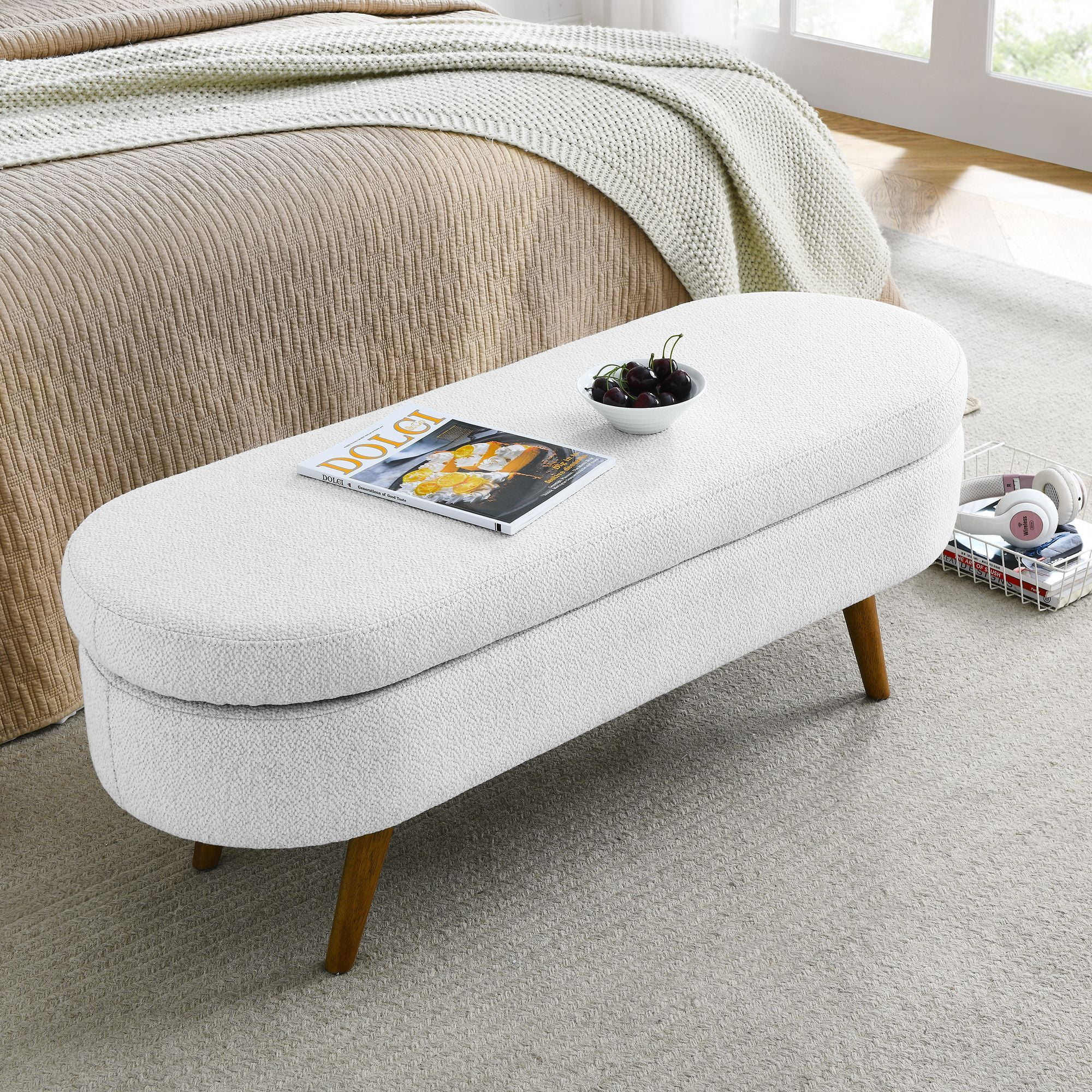 DEALTOPS 3D Linen Fabric Ottoman, Oval Storage Bench with Storage Space and Rubber Wood Legs, White