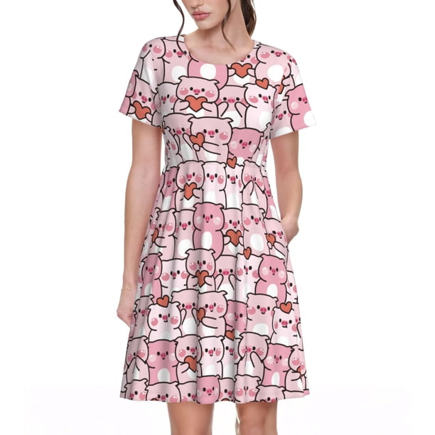 Disketp Kawaii Pig para Vestido de Manga Corta para Mujeres, Vestidos de Verano para Mujeres, Casual y Holgado para la Playa