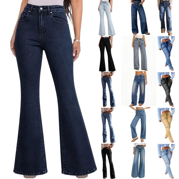 VBVC Women's Cuffed Hem Denim Pants , High Waisted Wide Leg Jeans For Women,Ladies' Seamed Front Straight Leg Jeans with Pockets,Dark Blue,S-2XL