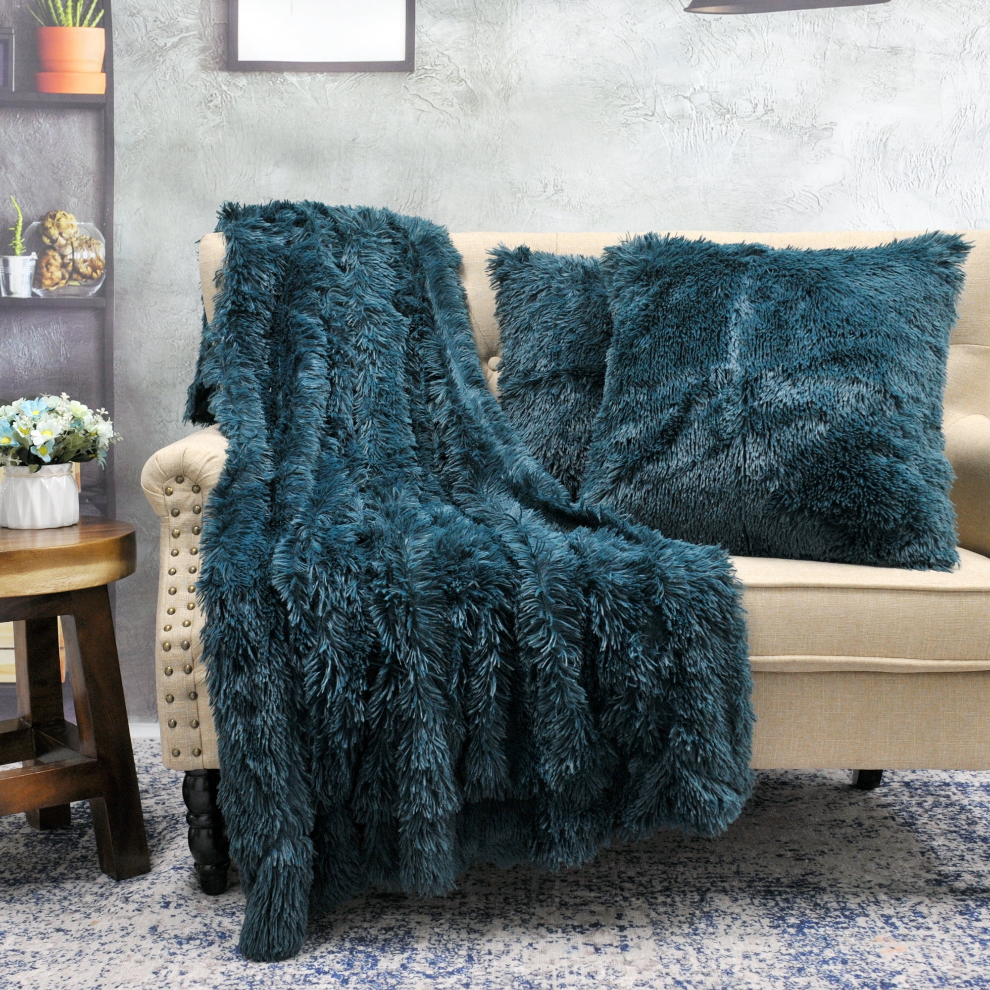 Home Soft Things Shaggy Throw & Pillow Cover 3 Piece Combo - Teal - 60" x 80"/20" x 20"