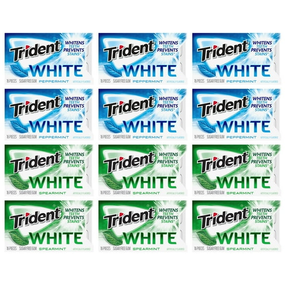Trident White Sugar Free Gum Variety Pack, Peppermint & Spearmint Flavors, 12 Packs of 16 Pieces 192 Total Pieces