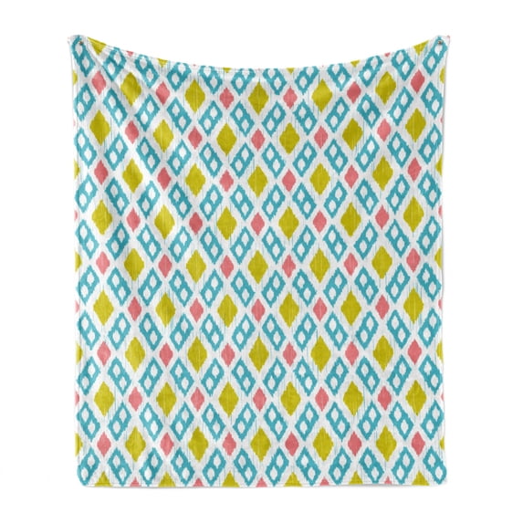Ikat Soft Flannel Fleece Blanket, Various Sized Different Ikat Lines Blurred Vertical Axis Symmetrical Aesthetic, Cozy Plush for Indoor and Outdoor Use, 60" x 80", Mustard Blue Pink, by Ambesonne