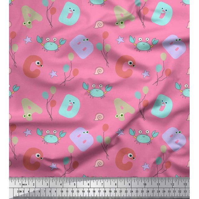 Soimoi Velvet Fabric Crab,Balloons & Alphabets Kids Print Fabric by Yard 58 Inch Wide