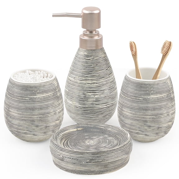 CERBIOR 4 Piece Textured Ceramic Grey Bathroom Accessory Set Includes Soap Dish, Dispenser, Toothbrush Holder and Tumbler (Grey)