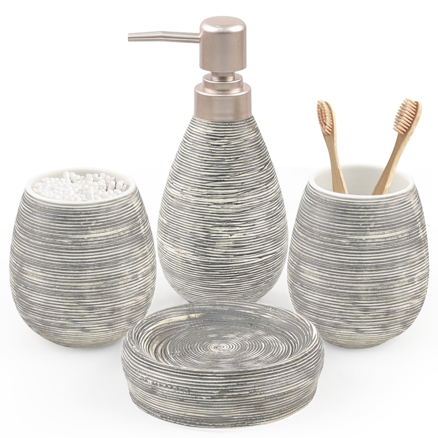 CERBIOR 4 Piece Textured Ceramic Grey Bathroom Accessory Set Includes Soap Dish, Dispenser, Toothbrush Holder and Tumbler (Grey)